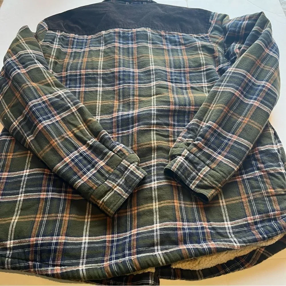 Field & Stream Men's Flannel Jacket Sherpa Lined Full Button Green/Blue Plaid XL